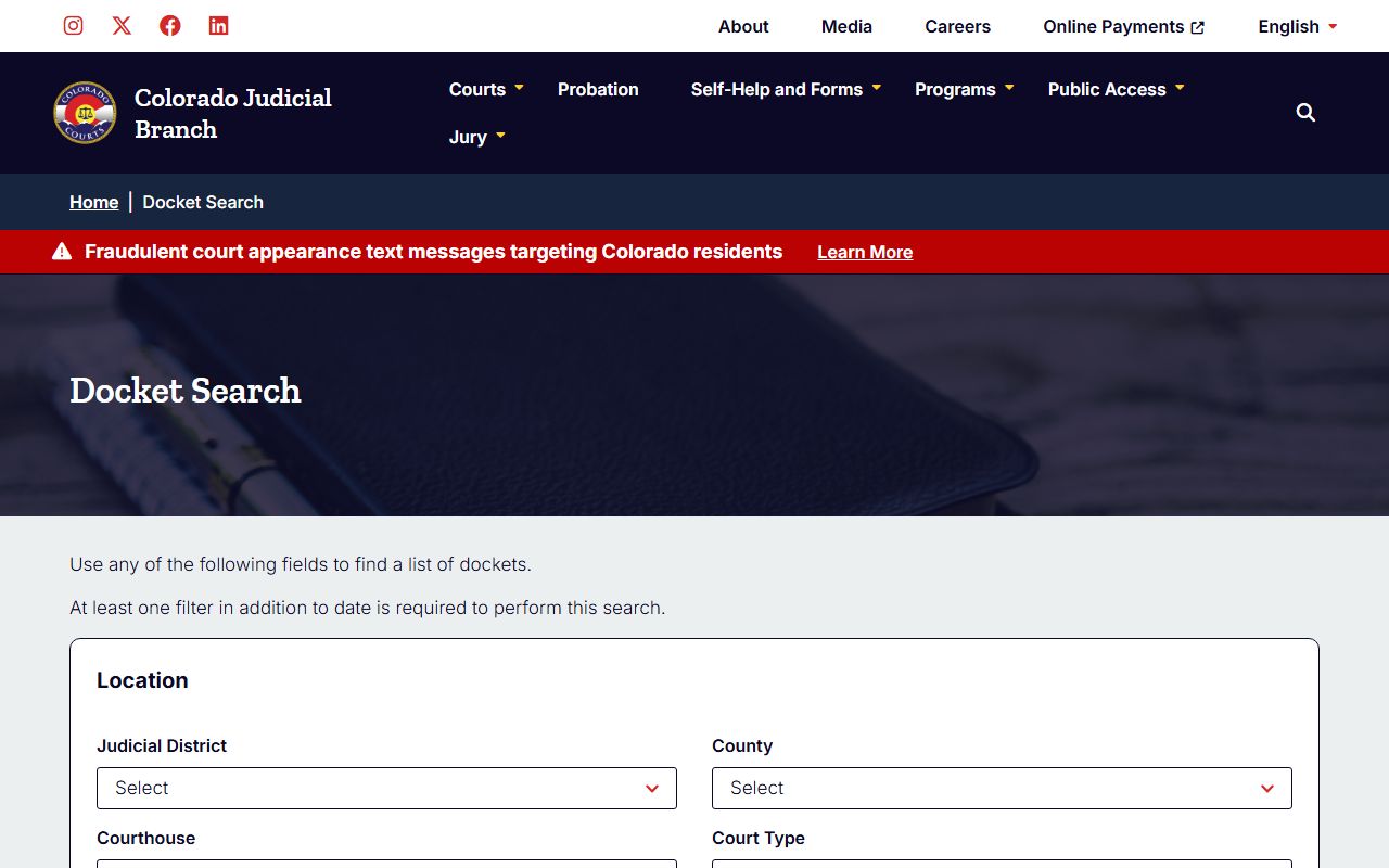 Colorado Judicial docket search fields for Colorado court cases