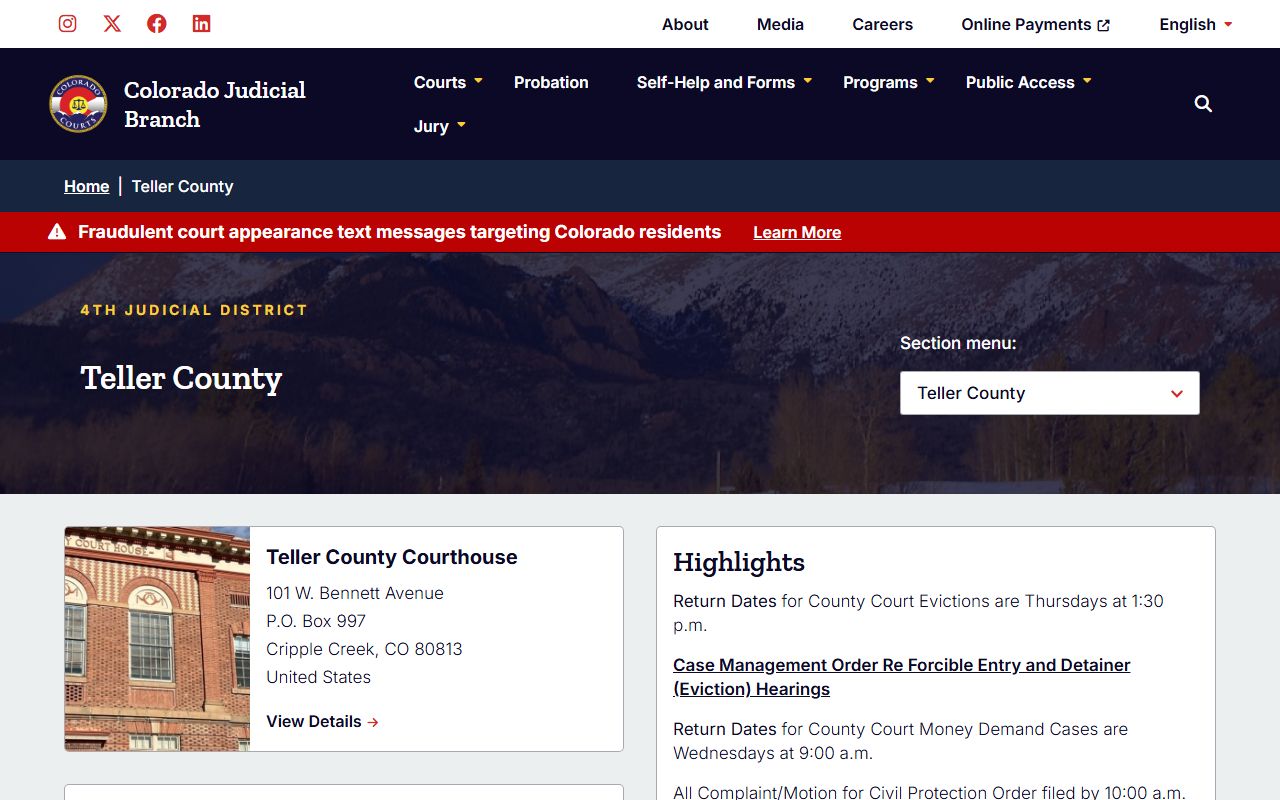 Colorado Judicial Branch Teller County court page